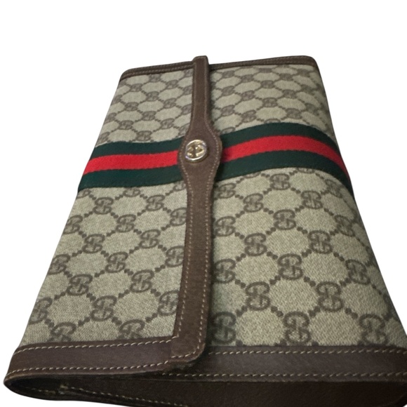 GUCCI GG Clutch Bag Red/Green Sherry Line GG Web PVC Leather Brown Clutch - Picture 4 of 10